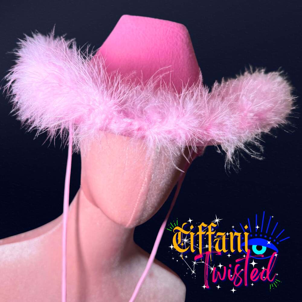 Dolls Kill Pink Feather Trim Cowgirl Hat – Adjustable Chin Strap - Barbie Core